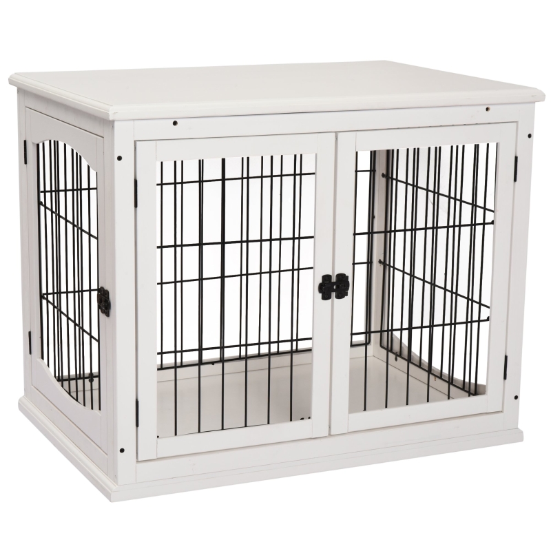 PawHut Hundehütte mit Tischoberfläche, Hundebox für innen, Hundekäfig für Zuhause, 2 Türen, Tierkäfig, Haustier, MDF, Metall, Weiß, 81 x 58,5 x 66 cm
