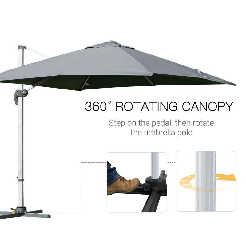 Outsunny 3m Cantilever Aluminium Frame 360 Rotation Hanging Parasol w/ Cross Base Grey