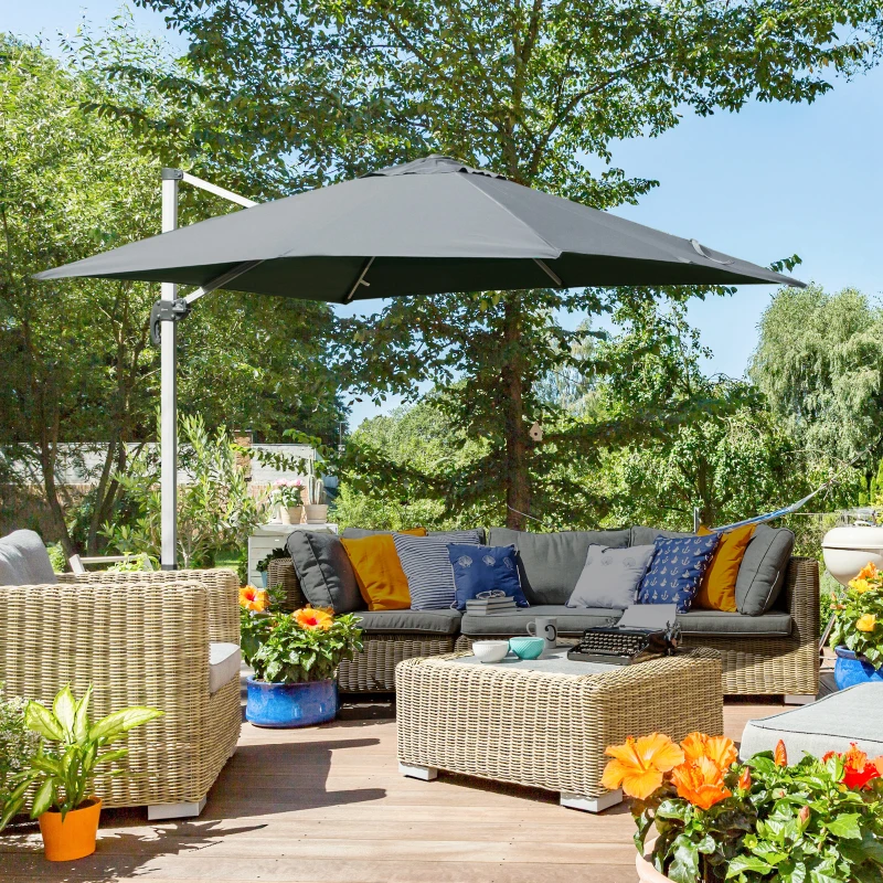Outsunny 3m Cantilever Aluminium Frame 360 Rotation Hanging Parasol w/ Cross Base Grey