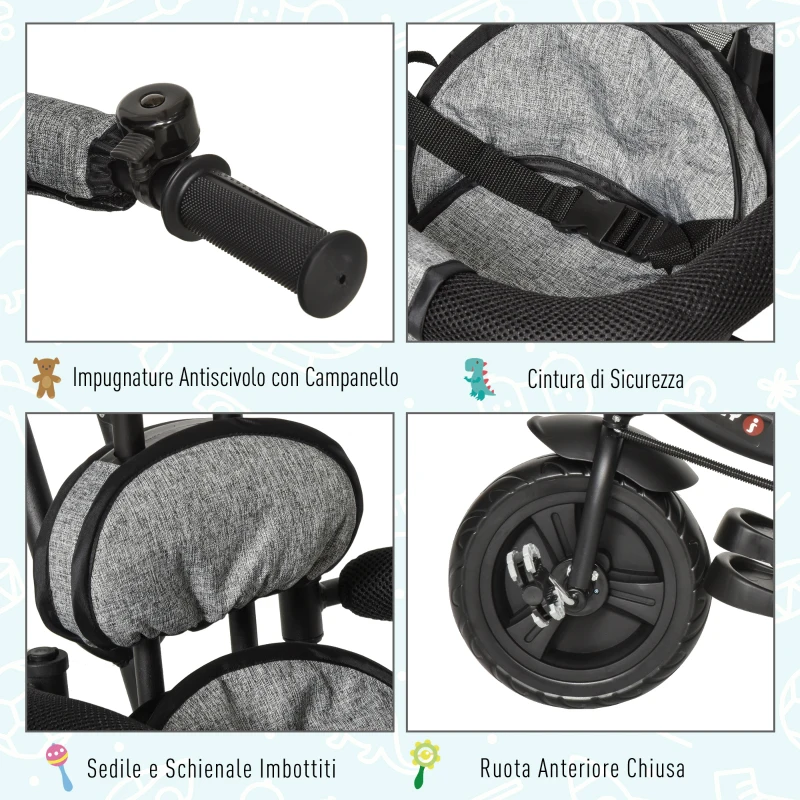HOMCOM Triciclo per Bambini 18+ Mesi Pieghevole con Seduta Imbottita, Maniglione e Cestino 92x51x110cm