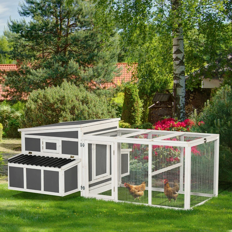 PawHut Gallinero de Madera para Exterior 225x147x85,5 cm Jaula para 6-8 Gallinas con Corral de Alambre Techo y Ventana Abatibles 2 Nidos Bandeja Extraíble y Rampa Gris y Blanco