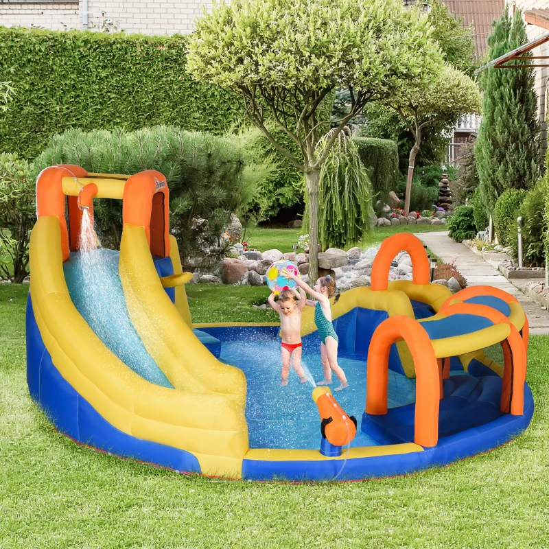 Outsunny 6 in 1 Kids Bouncy Castle Large Inflatable House Slide Water Pool Gun Basket Climbing Wall Tunnel with 750W Blower Carry bag for Kids Age 3-8, 4.35 x 4.35 x 2m