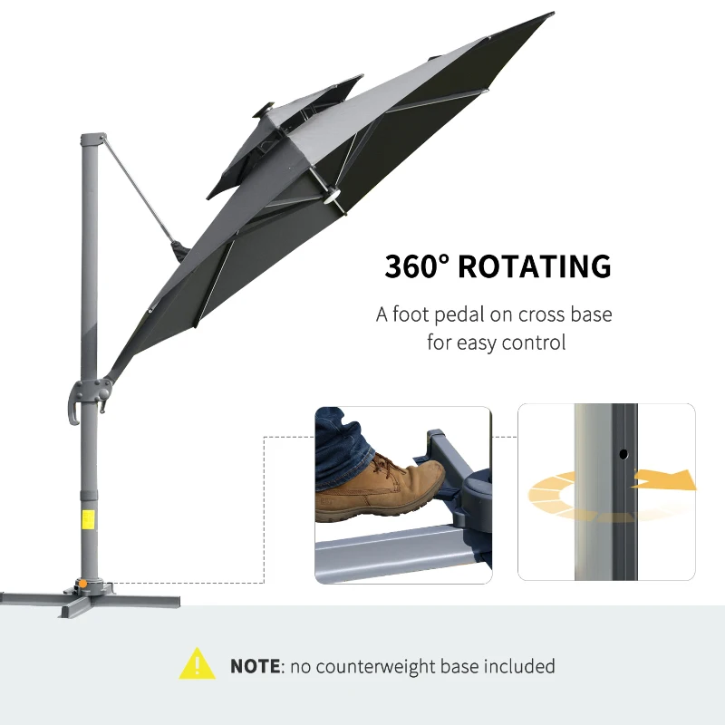 Outsunny 3m Cantilever Parasol w/ Solar Lights Power Bank Base 360° Spin Dark Grey
