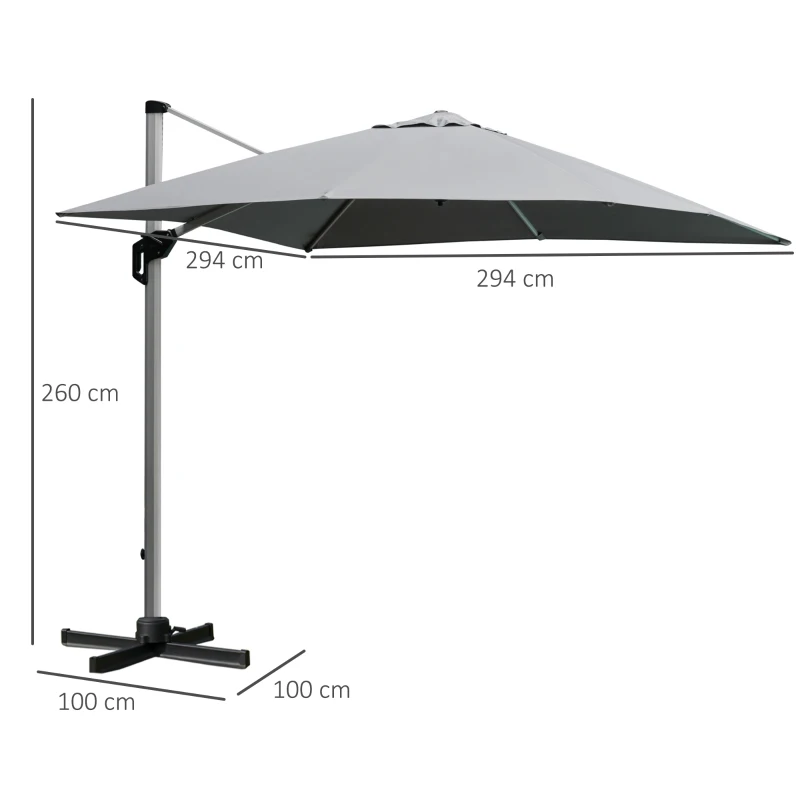 Outsunny 3 x 3(m) Outdoor Cantilever Roma Parasol 360° Rotating w/ Cross Base Light Grey