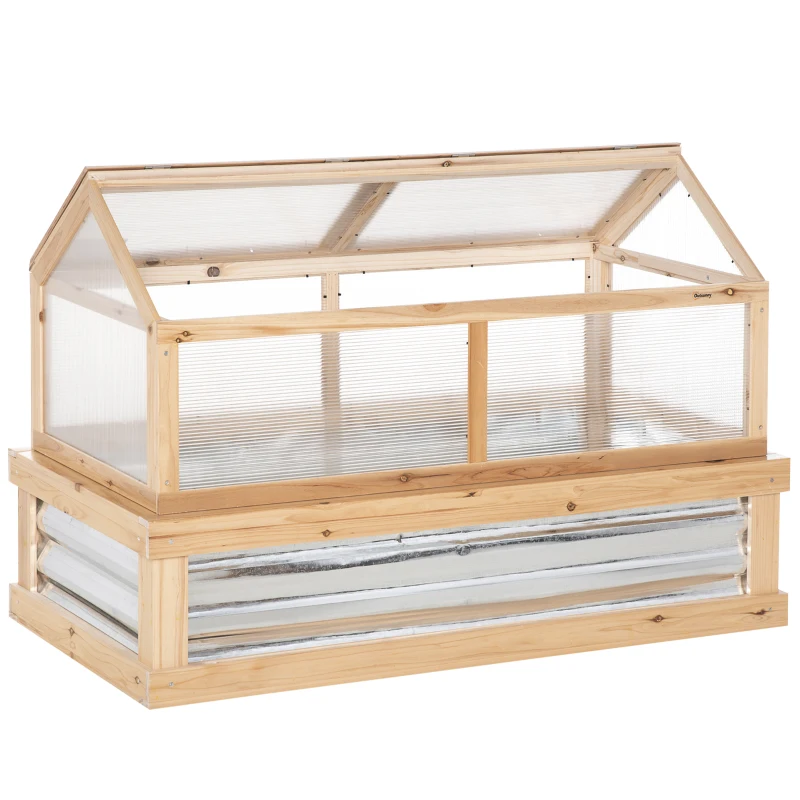 Outsunny Raised Garden Bed with Greenhouse Top - Garden Wooden Cold Frame Greenhouse Flower Planter Protection with 2 Independent Roofs, 122 x 61 x 82 cm, Natural