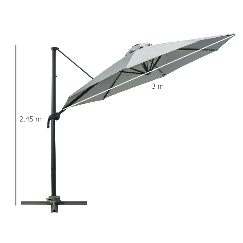 Outsunny 3(m) LED Cantilever Parasol Garden Sun Umbrella w/ Cross Base and Solar Lights Grey