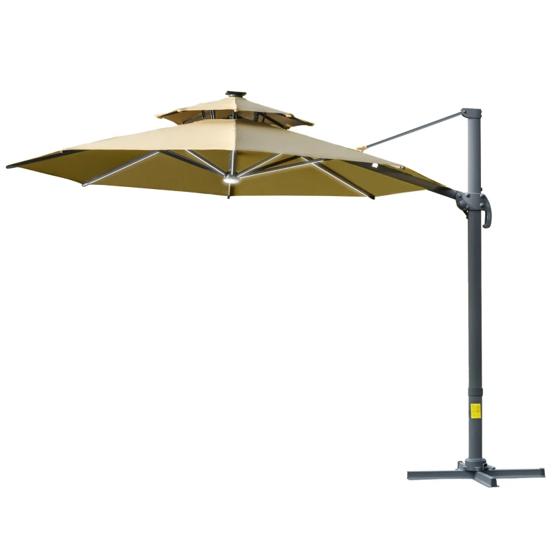 Outsunny 3m Cantilever Parasol w/ Solar Lights Power Bank Base 360° Spin Khaki