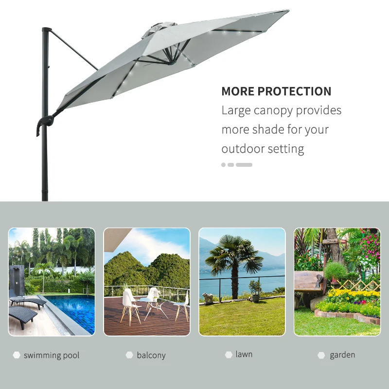 Outsunny 3(m) LED Cantilever Parasol Garden Sun Umbrella w/ Cross Base and Solar Lights Grey
