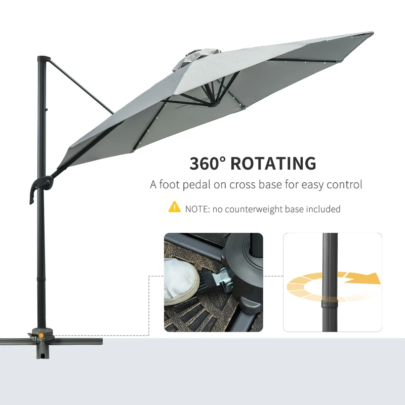Outsunny 3(m) LED Cantilever Parasol Garden Sun Umbrella w/ Cross Base and Solar Lights Grey