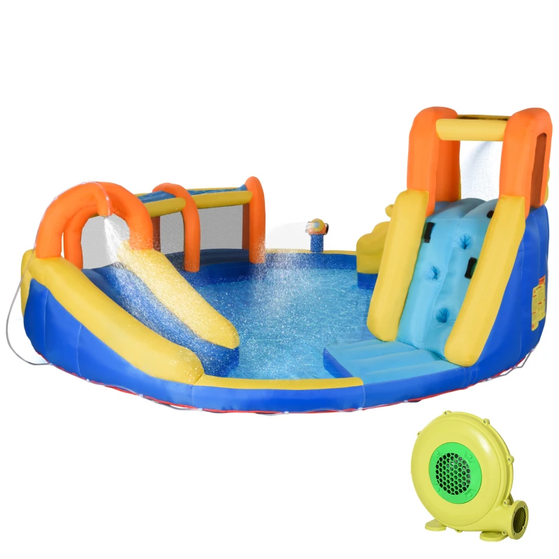 Outsunny 6 in 1 Kids Bouncy Castle Large Inflatable House Slide Water Pool Gun Basket Climbing Wall Tunnel with 750W Blower Carry bag for Kids Age 3-8, 4.35 x 4.35 x 2m