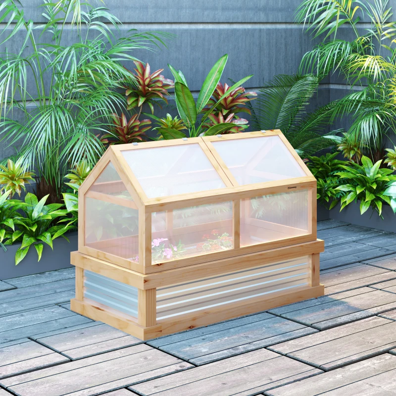 Outsunny Raised Garden Bed with Greenhouse Top - Garden Wooden Cold Frame Greenhouse Flower Planter Protection with 2 Independent Roofs, 122 x 61 x 82 cm, Natural