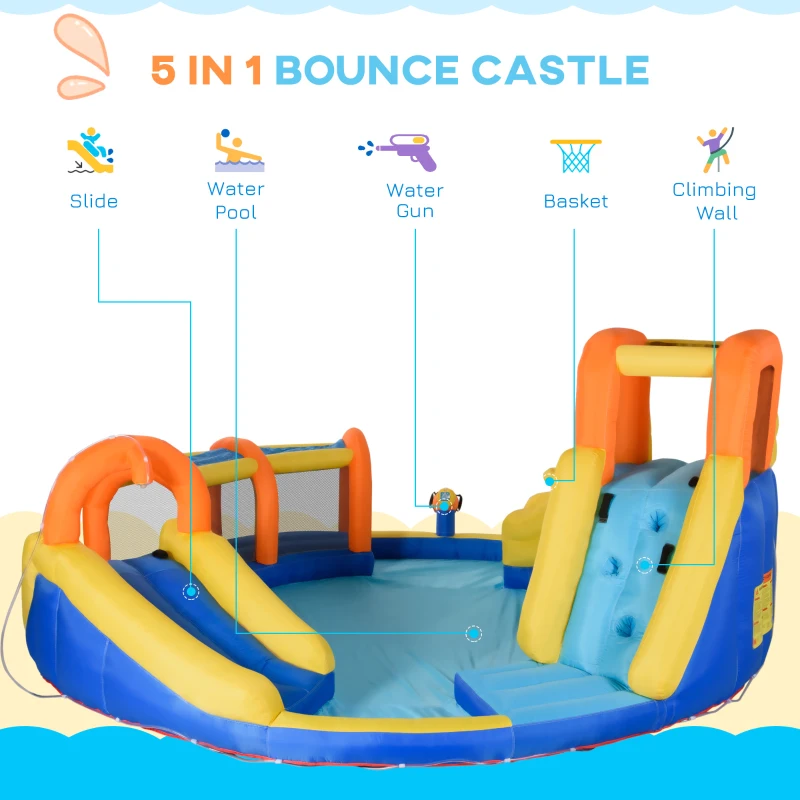 Outsunny 6 in 1 Kids Bouncy Castle Large Inflatable House Slide Water Pool Gun Basket Climbing Wall Tunnel with 750W Blower Carry bag for Kids Age 3-8, 4.35 x 4.35 x 2m