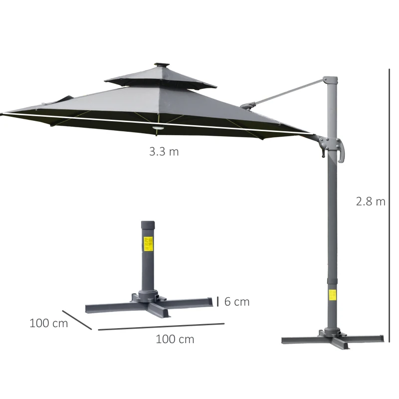 Outsunny 3m Cantilever Parasol w/ Solar Lights Power Bank Base 360° Spin Dark Grey
