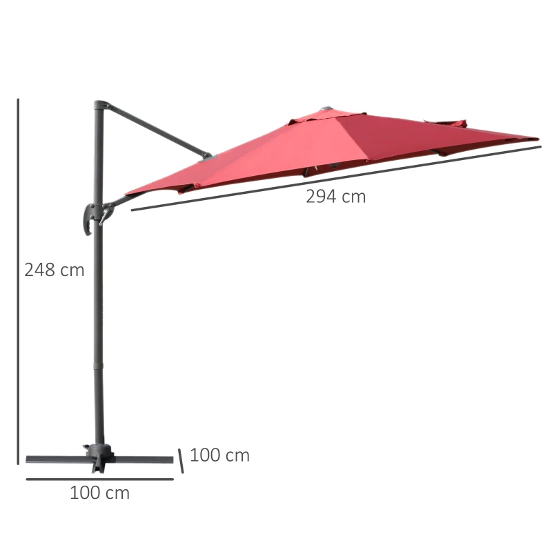 Outsunny Umbrella Parasol W/360° Rotation Φ294x248H cm-Wine Red