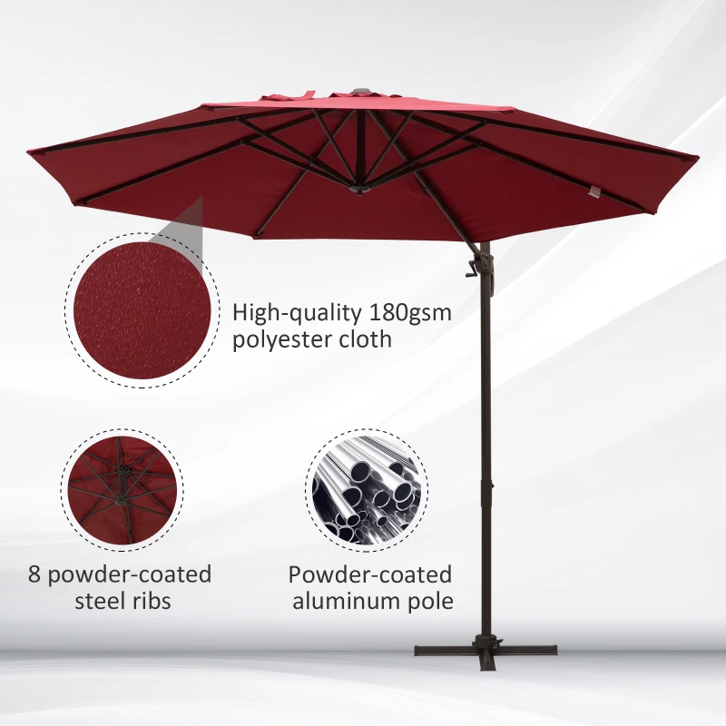 Outsunny 3m Cantilever Aluminium Frame Outdoor Garden Parasol Wine Red