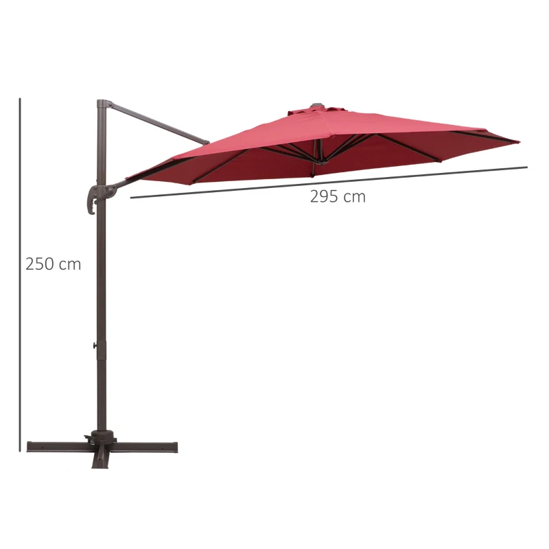 Outsunny 3m Cantilever Aluminium Frame Outdoor Garden Parasol Wine Red