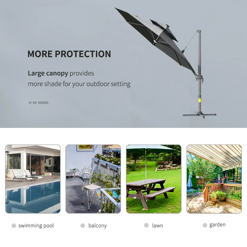 Outsunny 3m Cantilever Parasol w/ Solar Lights Power Bank Base 360° Spin Dark Grey