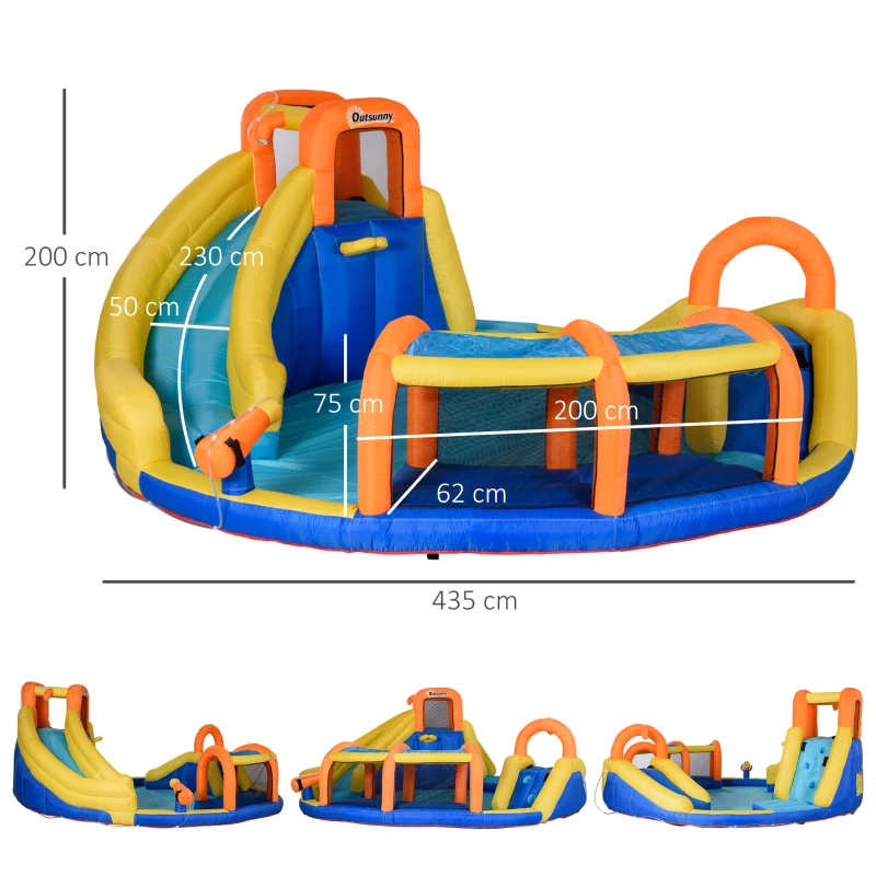 Outsunny 6 in 1 Kids Bouncy Castle Large Inflatable House Slide Water Pool Gun Basket Climbing Wall Tunnel with 750W Blower Carry bag for Kids Age 3-8, 4.35 x 4.35 x 2m