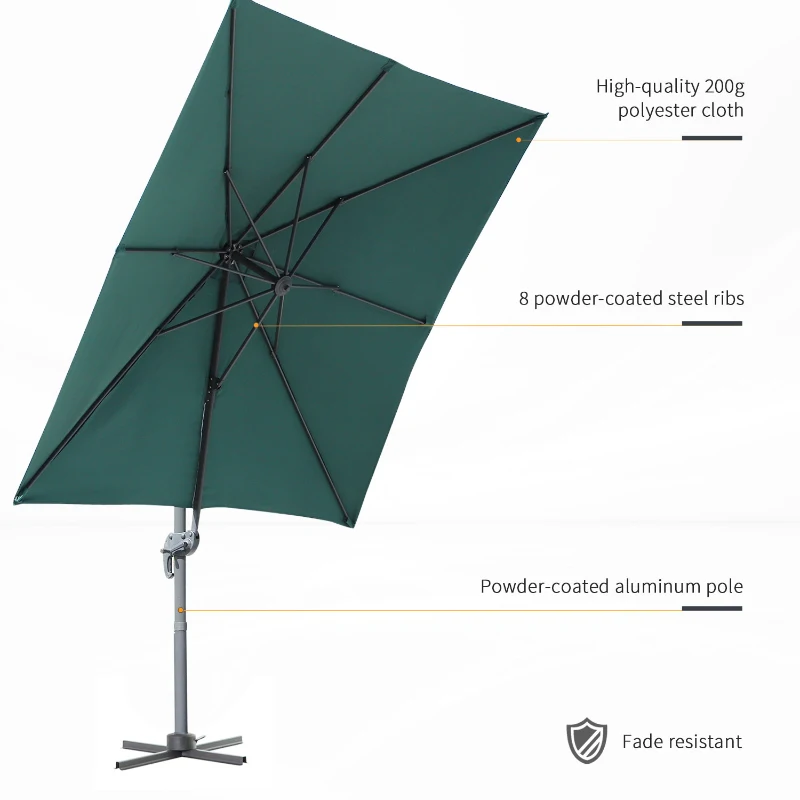 Outsunny Square Umbrella Parasol W/360° Rotation, 245Lx245Wx248H cm-Green