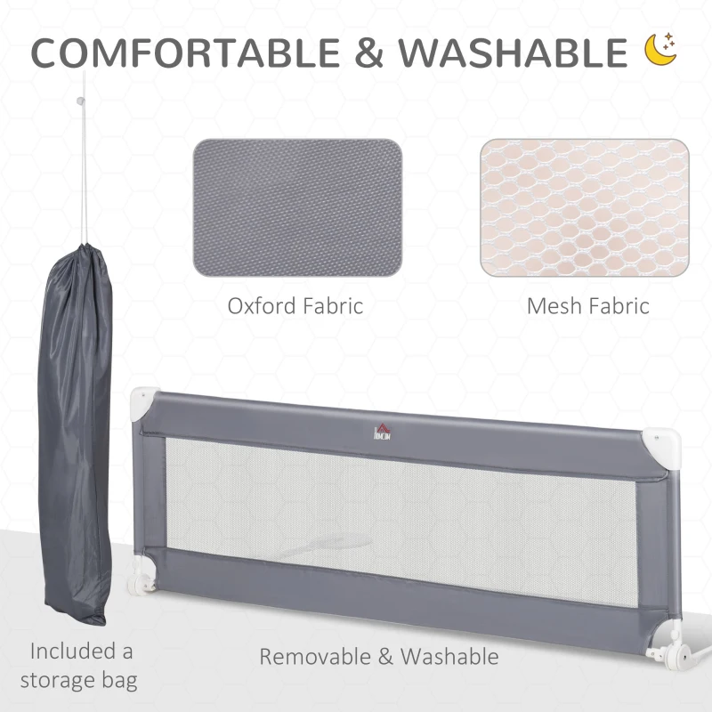 HOMCOM Toddler Bed Rail Foldable Safety Barrier Fold Down Bed Guard for Flat & Slat Bed, 150 x 50cm, Grey