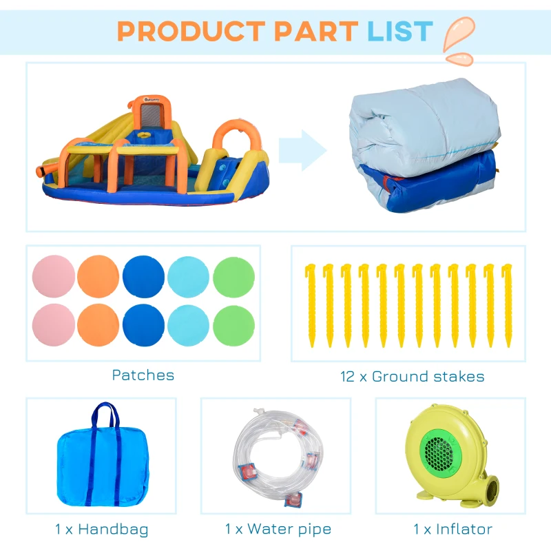 Outsunny 6 in 1 Kids Bouncy Castle Large Inflatable House Slide Water Pool Gun Basket Climbing Wall Tunnel with 750W Blower Carry bag for Kids Age 3-8, 4.35 x 4.35 x 2m