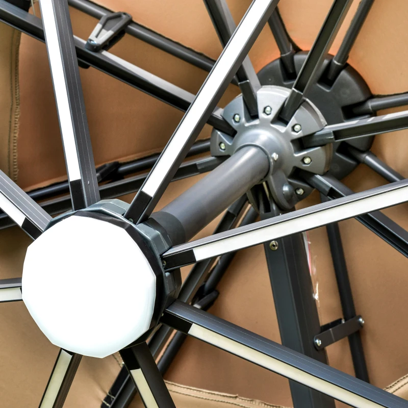 Outsunny 3m Cantilever Parasol w/ Solar Lights Power Bank Base 360° Spin Khaki