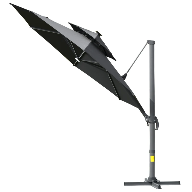 Outsunny 3m Cantilever Parasol w/ Solar Lights Power Bank Base 360° Spin Dark Grey