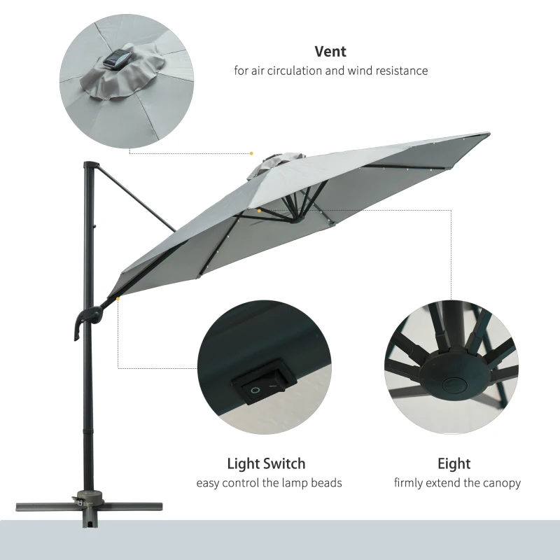 Outsunny 3(m) LED Cantilever Parasol Garden Sun Umbrella w/ Cross Base and Solar Lights Grey