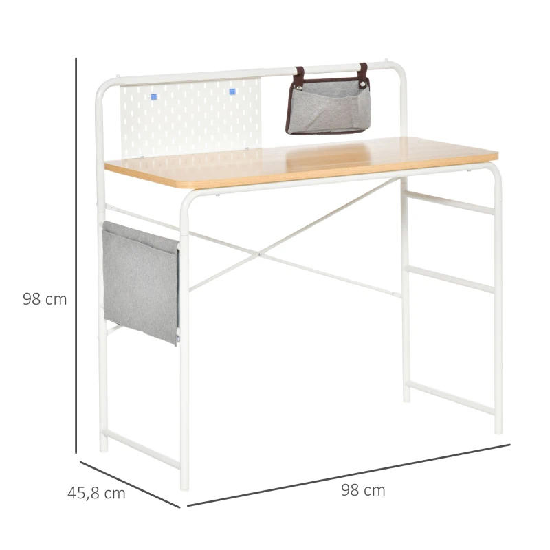 HOMCOM Bureau Informatique Table d'ordinateur Table d'étude 2 Pochettes Cadre en métal blanc dim. 98L x 46l x 98H cm Chêne Clair
