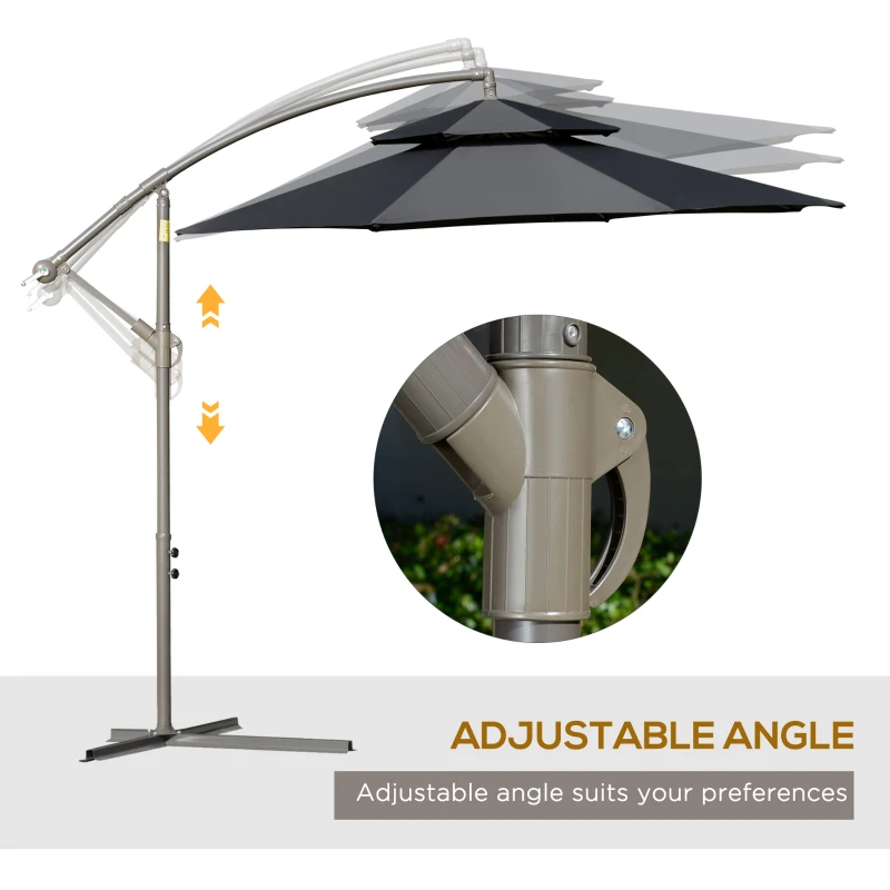 Outsunny 2.7m Banana Parasol Cantilever Umbrella with Crank Handle, Double Tier Canopy and Cross Base for Outdoor, Hanging Sun Shade, Black(m-5)