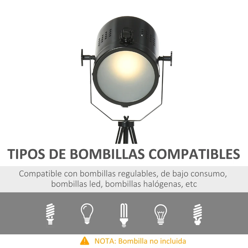 HOMCOM Lámpara de Pie con Trípode de Metal Casquillo E27 Máx. 25W IP20 Pantalla Ajustable Interruptor de Pie Lámpara de Suelo para Salón Dormitorio Oficina Ø58x136 cm Negro