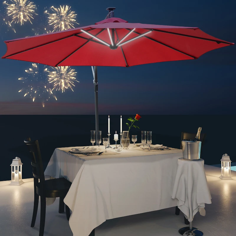 Outsunny Umbrella Parasol W/Solar Powered LED strips, Φ2.95x2.45H m-Wine Red