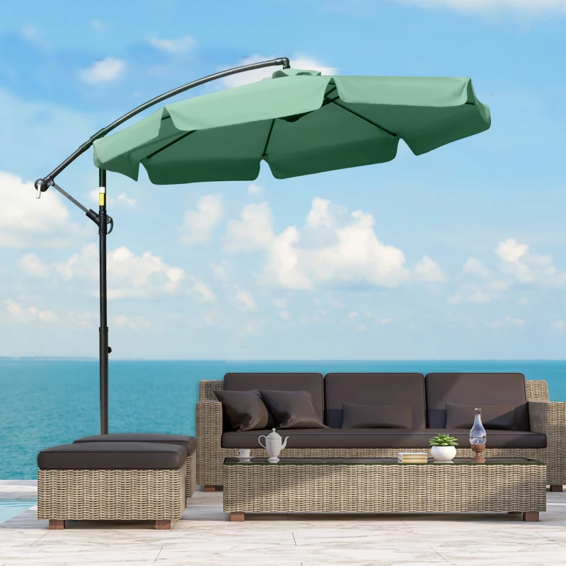 Outsunny 2.7m Garden Parasol Cantilever Umbrella with Crank Handle and Cross Base for Outdoor, Hanging Sun Shade, Green