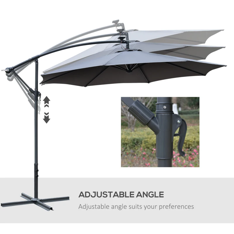 Outsunny 2.95m LED Patio Banana Umbrella Cantilever Parasol w/ Crank Cross Base