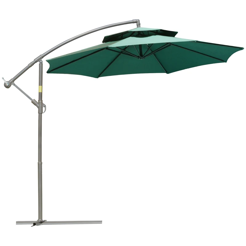 Outsunny 2.7m Banana Parasol Cantilever Umbrella with Crank Handle, Double Tier Canopy and Cross Base for Outdoor, Hanging Sun Shade, Green
