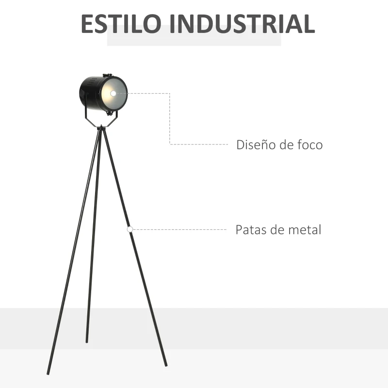 HOMCOM Lámpara de Pie con Trípode de Metal Casquillo E27 Máx. 25W IP20 Pantalla Ajustable Interruptor de Pie Lámpara de Suelo para Salón Dormitorio Oficina Ø58x136 cm Negro