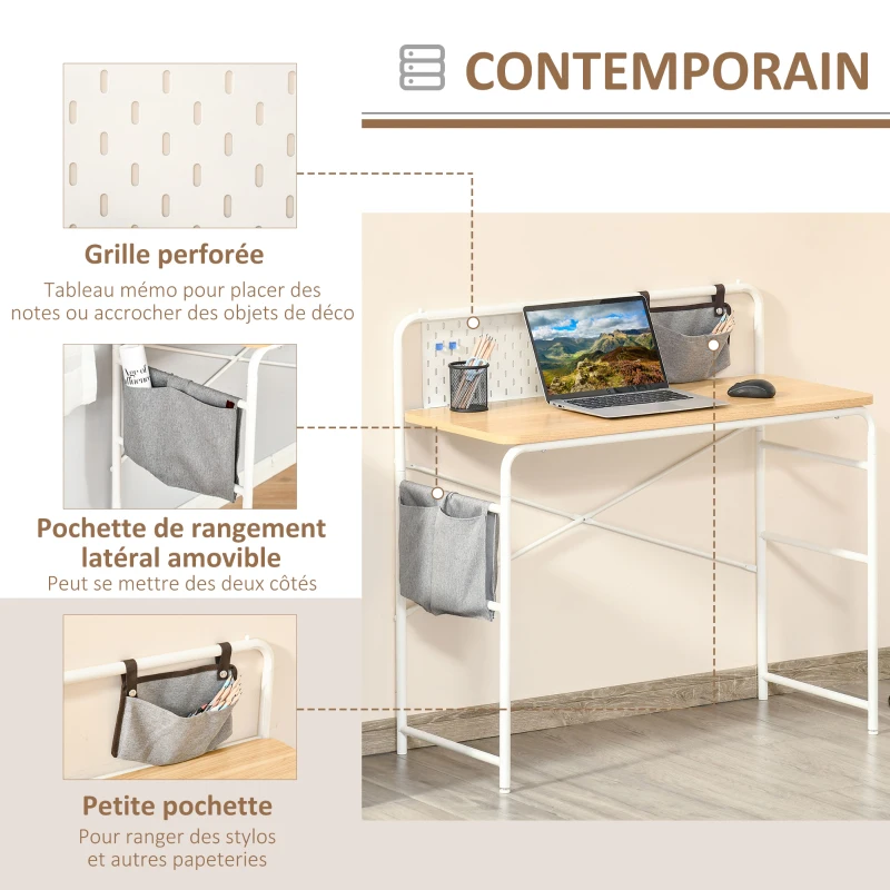 HOMCOM Bureau Informatique Table d'ordinateur Table d'étude 2 Pochettes Cadre en métal blanc dim. 98L x 46l x 98H cm Chêne Clair