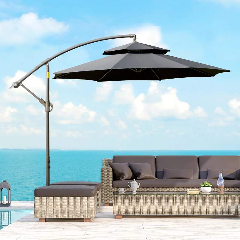 Outsunny 2.7m Banana Parasol Cantilever Umbrella with Crank Handle, Double Tier Canopy and Cross Base for Outdoor, Hanging Sun Shade, Black(m-10)