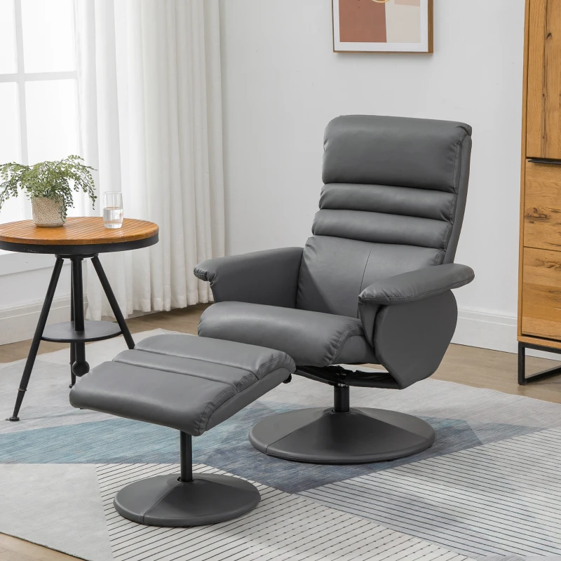 HOMCOM Sillón de Salón con Otomana Reposapiés Tapizado en PU Sillón Relax Reclinable hasta 135° y Giratorio 360° con Respaldo Ajustable para Salón Dormitorio Oficina 80x84x100 cm Gris
