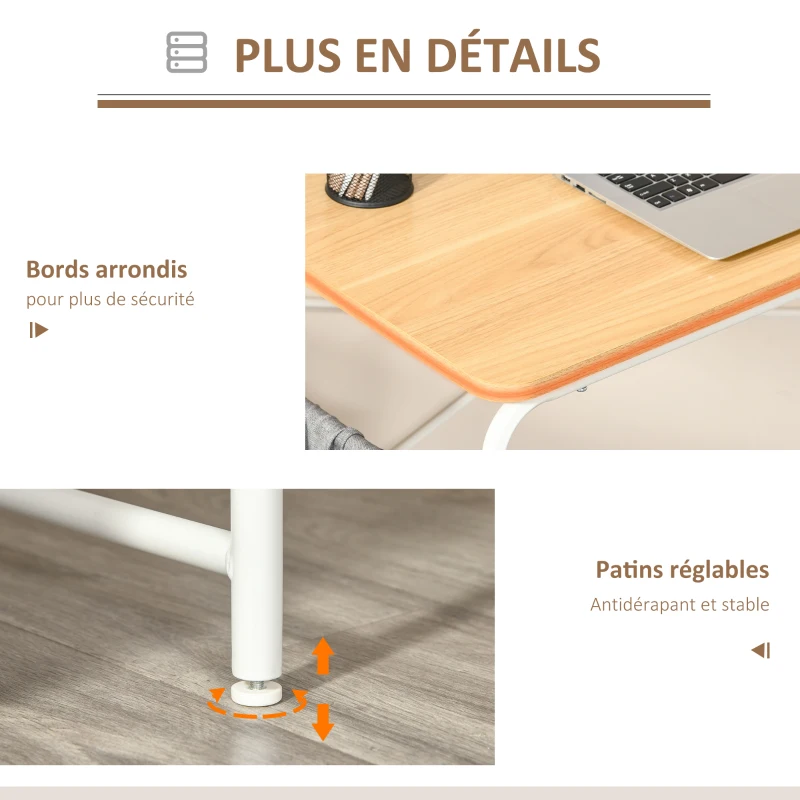 HOMCOM Bureau Informatique Table d'ordinateur Table d'étude 2 Pochettes Cadre en métal blanc dim. 98L x 46l x 98H cm Chêne Clair