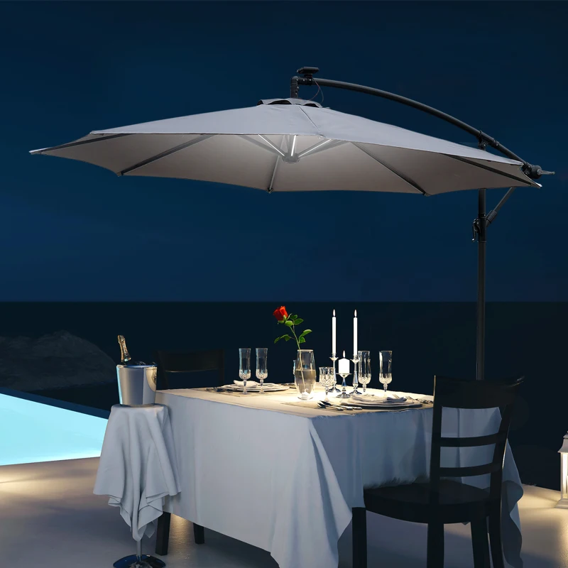 Outsunny 2.95m LED Patio Banana Umbrella Cantilever Parasol w/ Crank Cross Base