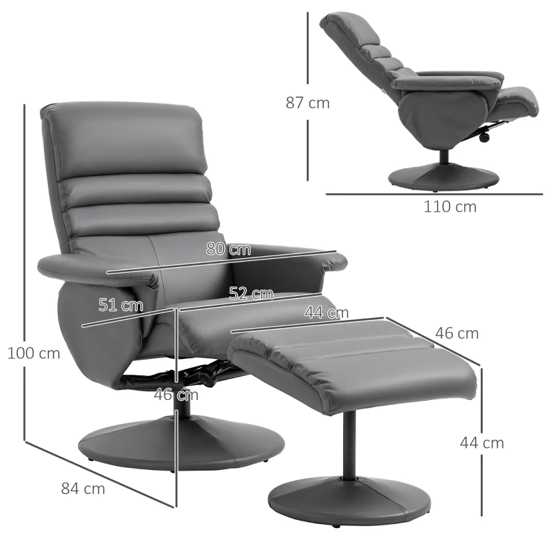 HOMCOM Sillón de Salón con Otomana Reposapiés Tapizado en PU Sillón Relax Reclinable hasta 135° y Giratorio 360° con Respaldo Ajustable para Salón Dormitorio Oficina 80x84x100 cm Gris