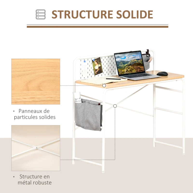 HOMCOM Bureau Informatique Table d'ordinateur Table d'étude 2 Pochettes Cadre en métal blanc dim. 98L x 46l x 98H cm Chêne Clair