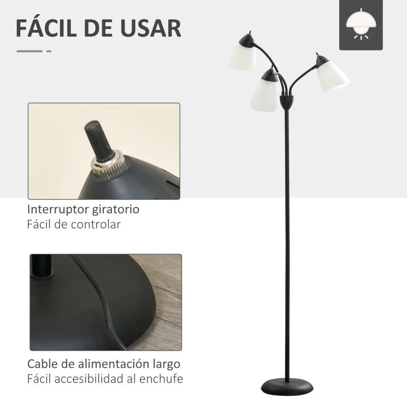 HOMCOM Lámpara de Pie con 3 Pantallas Giratorio de 360° con Interruptores de Giratorio E27 Máx. 40W Macro de Acero Lámpara de Suelo para Salón Dormitorio Estudio 45x45x155 cm Negro