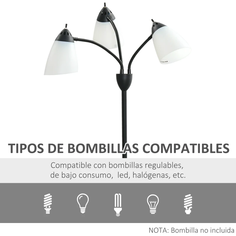 HOMCOM Lámpara de Pie con 3 Pantallas Giratorio de 360° con Interruptores de Giratorio E27 Máx. 40W Macro de Acero Lámpara de Suelo para Salón Dormitorio Estudio 45x45x155 cm Negro