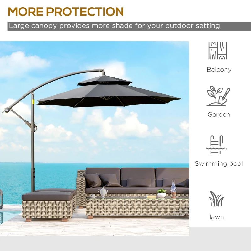 Outsunny 2.7m Banana Parasol Cantilever Umbrella with Crank Handle, Double Tier Canopy and Cross Base for Outdoor, Hanging Sun Shade, Black(m-7)