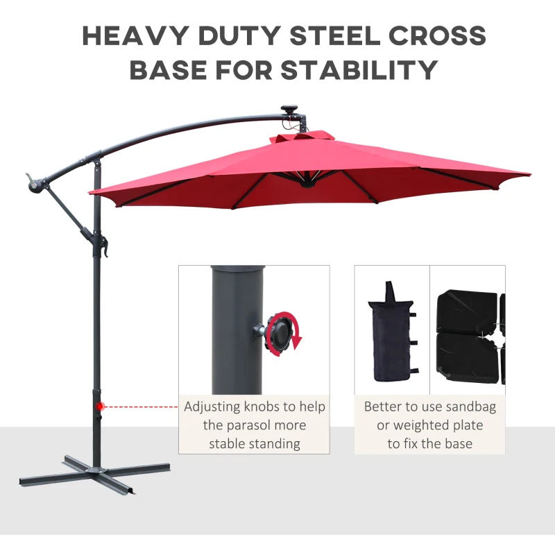 Outsunny Umbrella Parasol W/Solar Powered LED strips, Φ2.95x2.45H m-Wine Red