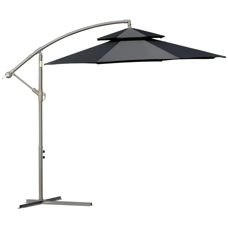Outsunny 2.7m Banana Parasol Cantilever Umbrella with Crank Handle, Double Tier Canopy and Cross Base for Outdoor, Hanging Sun Shade, Black(m-11)