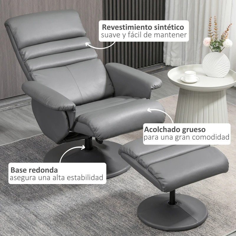 HOMCOM Sillón de Salón con Otomana Reposapiés Tapizado en PU Sillón Relax Reclinable hasta 135° y Giratorio 360° con Respaldo Ajustable para Salón Dormitorio Oficina 80x84x100 cm Gris