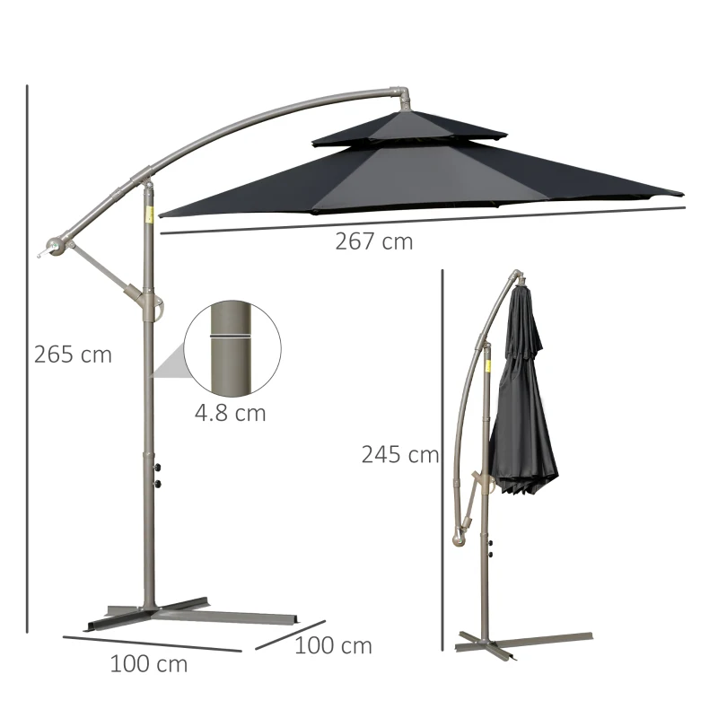 Outsunny 2.7m Banana Parasol Cantilever Umbrella with Crank Handle, Double Tier Canopy and Cross Base for Outdoor, Hanging Sun Shade, Black(m-3)